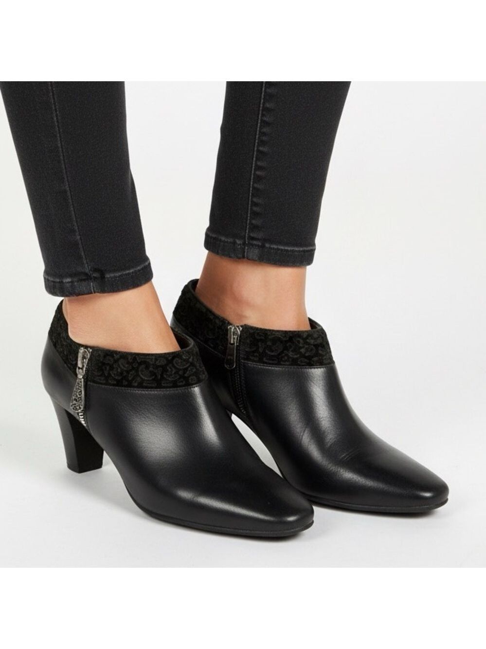 Brighton Black Genuine Leather Ankle Booties with Silver Hardware and Suede Trim
